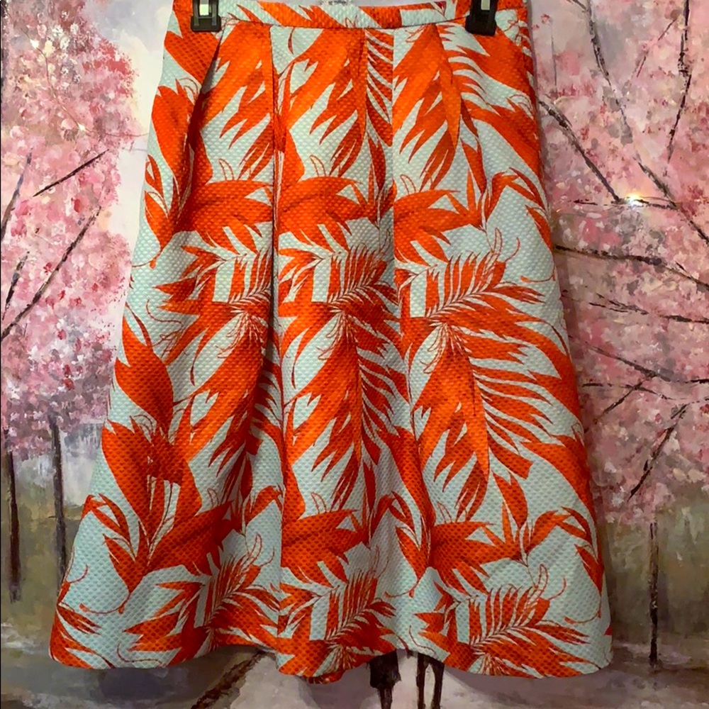 H&M blue w orange leaf pattern midi pocket skirt